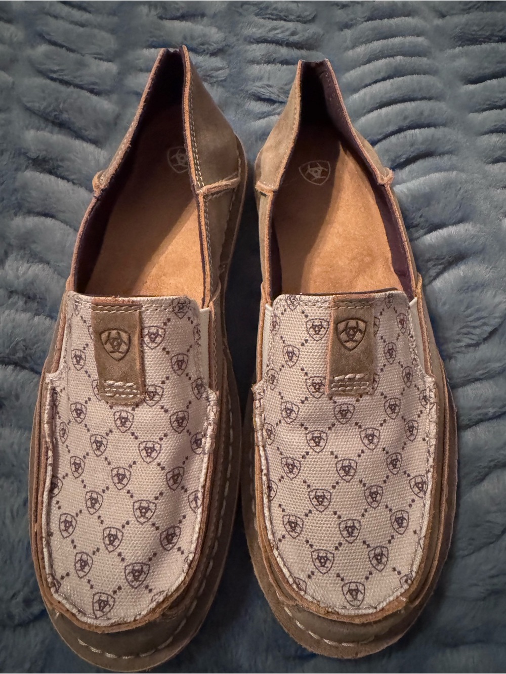 Ariat Tan & Brown Leather/Textile Upper Patterned Canvas Slip-On Loafers NWOT